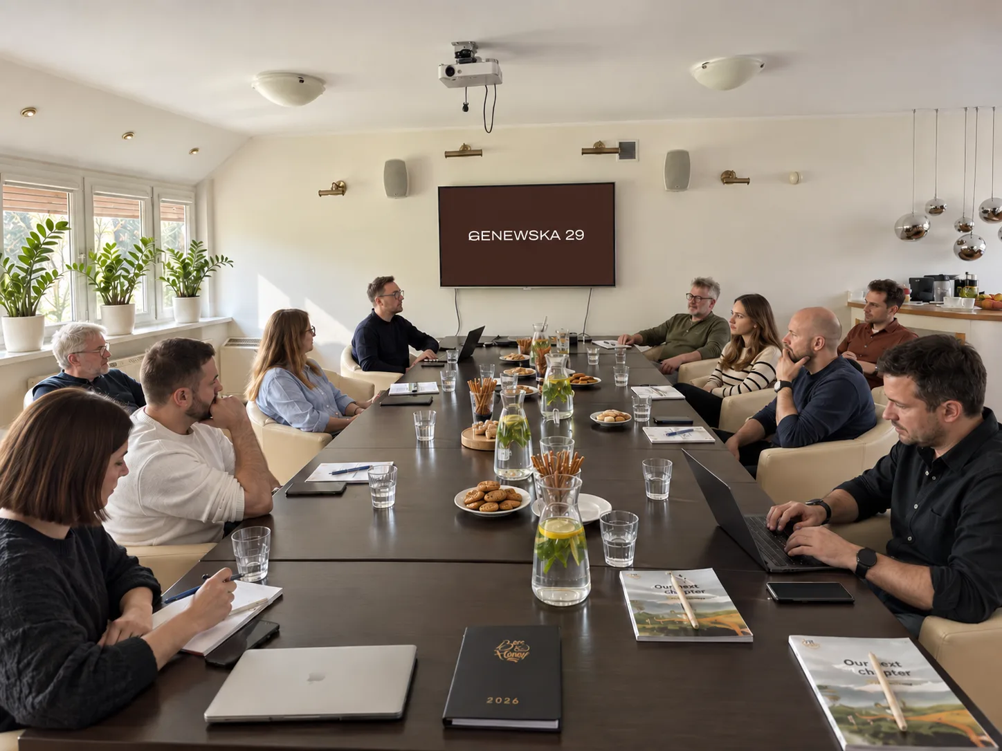 Zespół podczas spotkania przy dużym stole konferencyjnym
