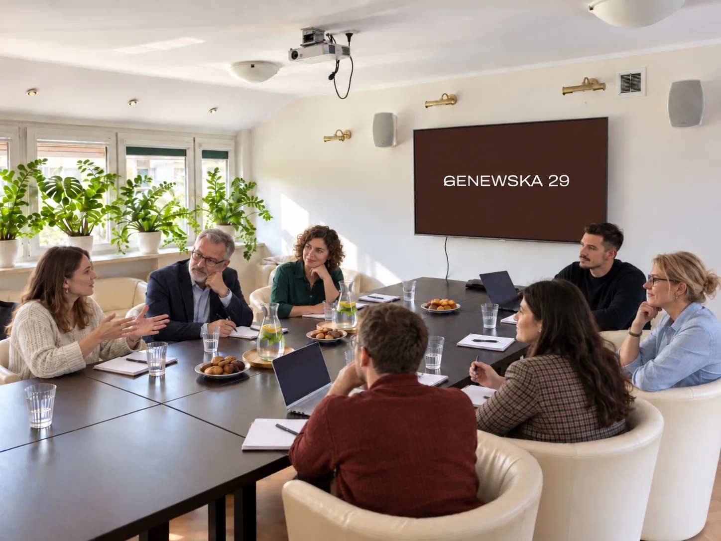 Pracownicy podczas dyskusji przy stole konferencyjnym