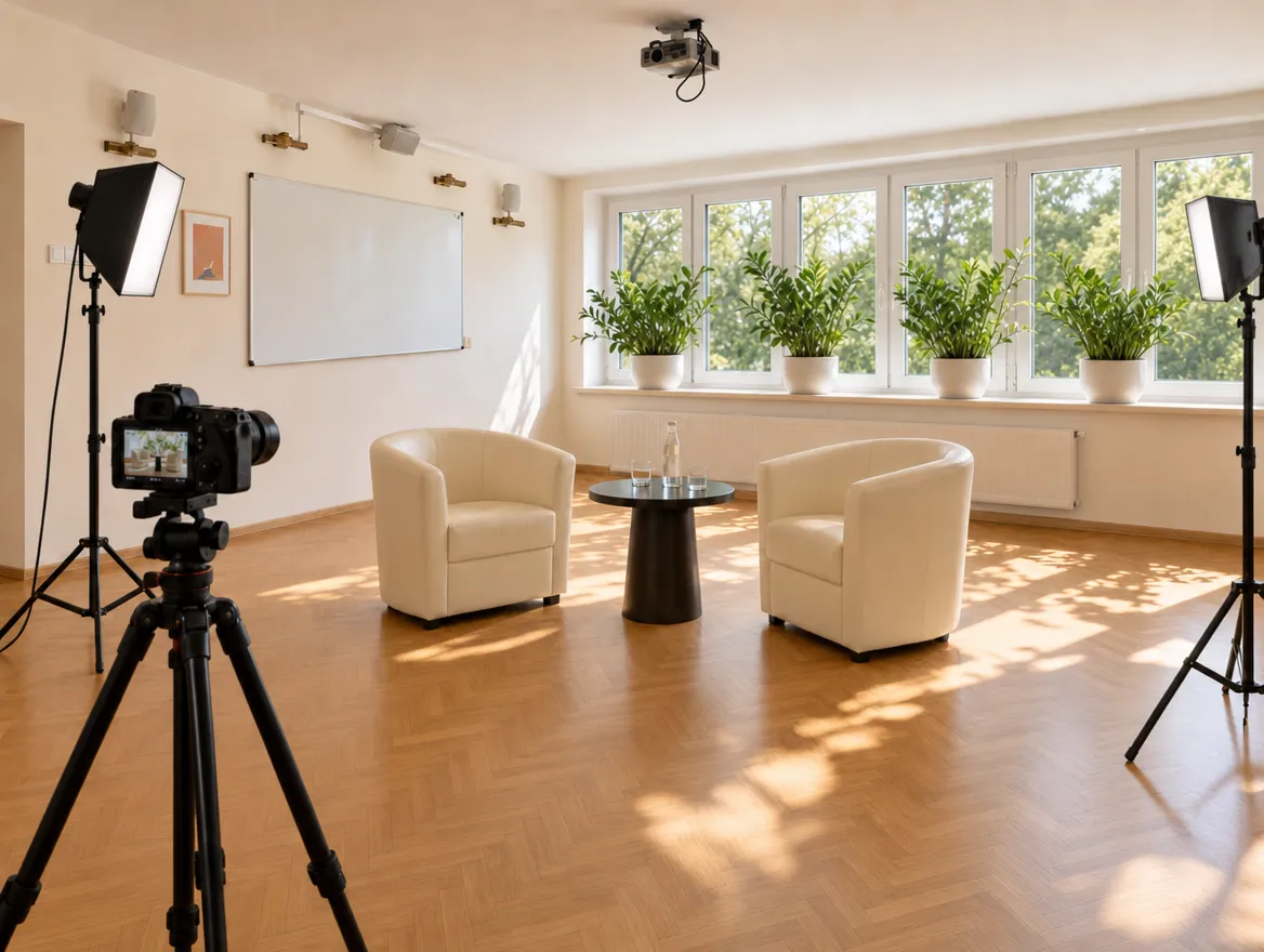 Sala jako plan zdjęciowy: kamera na statywie, lampy softbox i dwa fotele przy stoliku